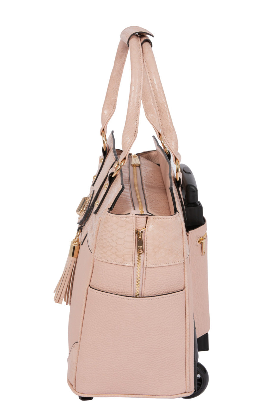 Side view of the Prague work bag with wheels. The perfect alternative to a kelly bag or bogg bag. Can be used as a rolling duffle bag or travel bag for women on business trips and business excursions or going out for a weekend getaway or girls trip.