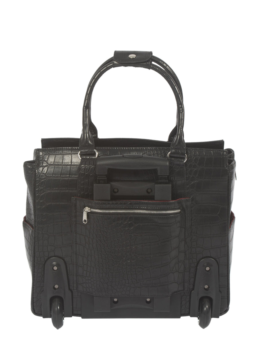Back view of a charcoal alligator rolling laptop bag for women, showing durable wheels and a retractable handle tucked behind a zipper pocket. This laptop roller bag helps alleviate the strain of heavy shoulder bags, making it perfect for commuting.