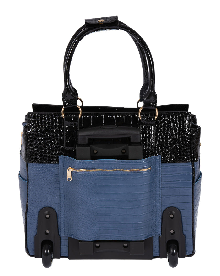 Black and blue alligator laptop bags for women and womens laptop bags are ideal for work and travel. The smooth back wheels are ideal for use as a carry on for airplane travel, bus travel, train travel, or even daily commutes to work in the big city.