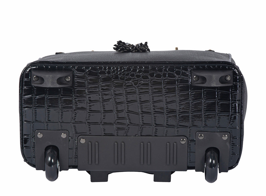 Bottom view of bag showing front feet for stability and back wheels for mobility. Womens laptop bag combines style and function, a great option for carrying essentials and a perfect gift for mom, rivaling brands like Tumi and Kate Spade laptop bag.