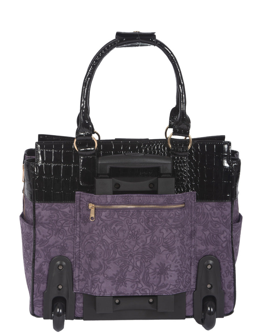 Back view of a purple laptop tote with wheels, showcasing two smooth wheels and a retractable handle covered by a zippered pocket. Two side pockets are visible, adding extra storage options, making it a practical choice for stylish women on the go.