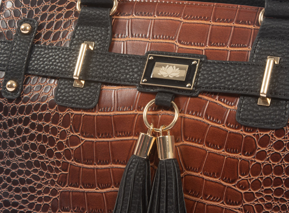 An up close image of the brown alligator briefcase purse for women. A womens rolling briefcase is perfect for valentines day gifts for her, bridesmaid gifts, house warming gifts new home, wedding gifts, baby girl gifts for the new, busy, stylish mom.